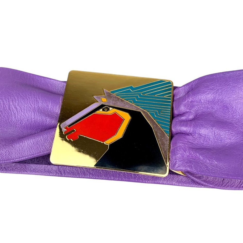 Vtg Laurel Burch Stallion Leather Purple Belt Horse Enamel Colorful Adjustable